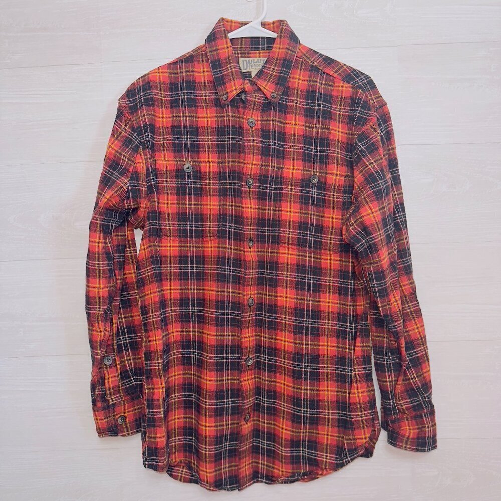 Duluth Trading Co. Men's Orange Plaid Long Sleeve Cotton Button Up Flannel Shirt